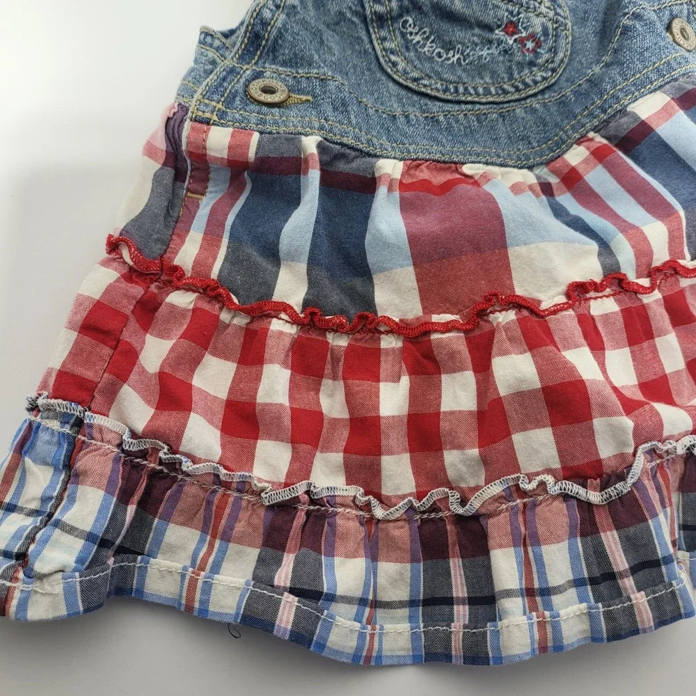 OshKosh Bgosh Girls 12M Denim Plaid Tiered Ruffle Jumper Dress 904-0262 Blue Red